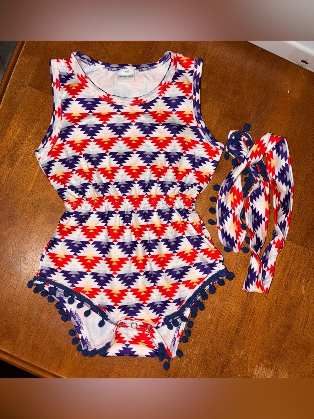 Toddler Pom-Trim One-Piece Romper in Red, Navy & White